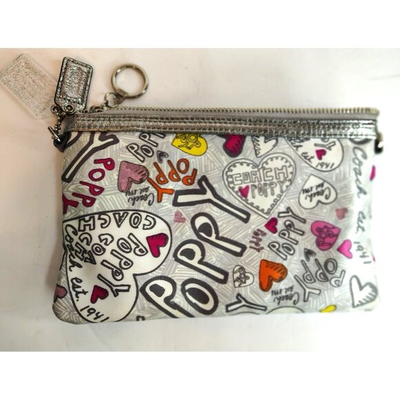 Coach Poppy Graffiti Gray Silver Wristlet Purse, Hearts, Y2K, Zip Close, READ - Picture 6 of 7